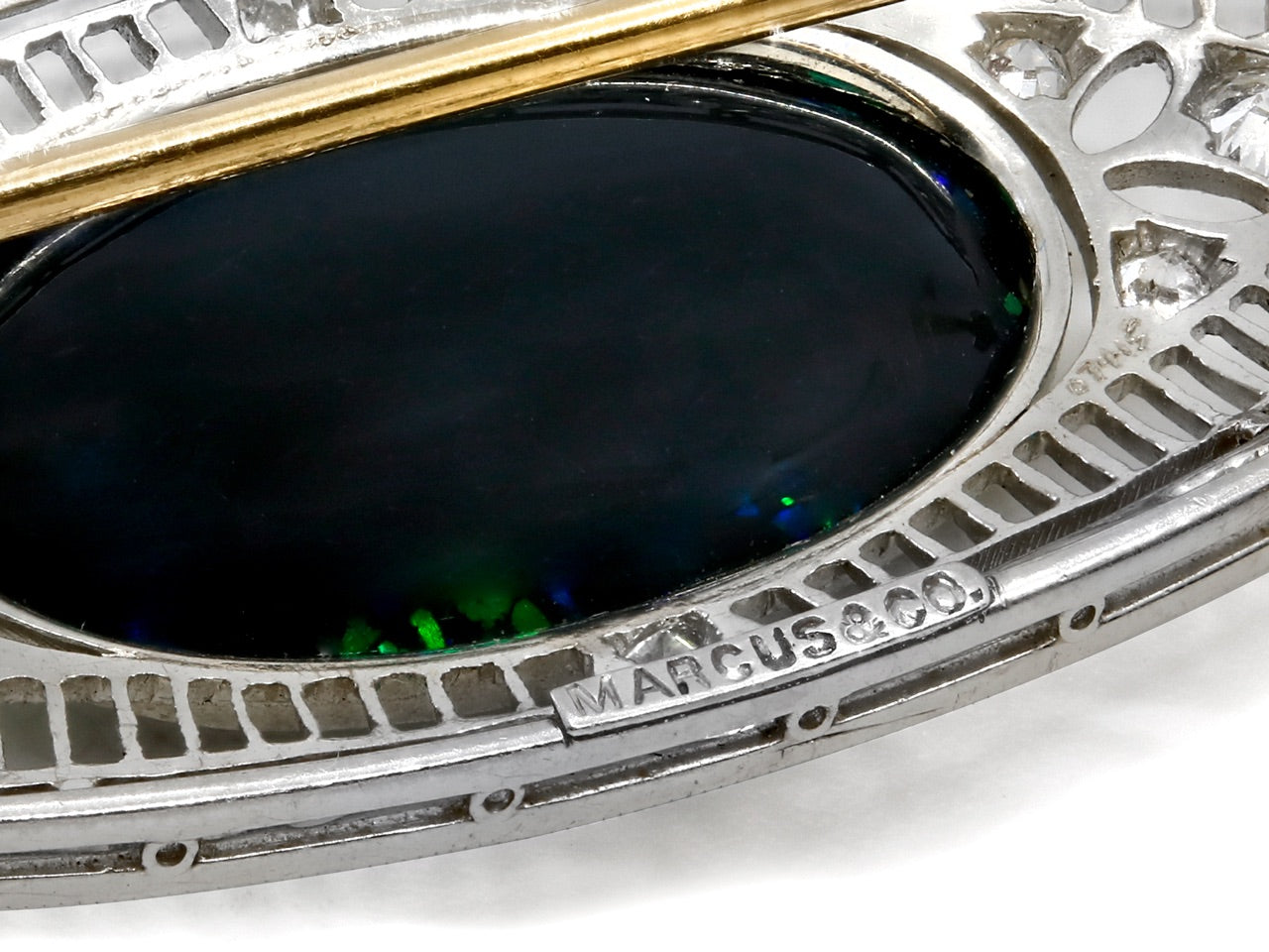Marcus & Co. Art Deco Black Opal and Diamond Brooch in Platinum