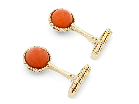 Coral bead cufflinks in 18K gold with rope twist settings