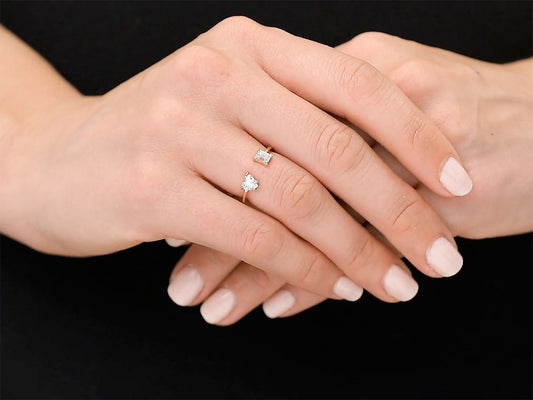 Open band rose gold ring with heart and step cut diamonds