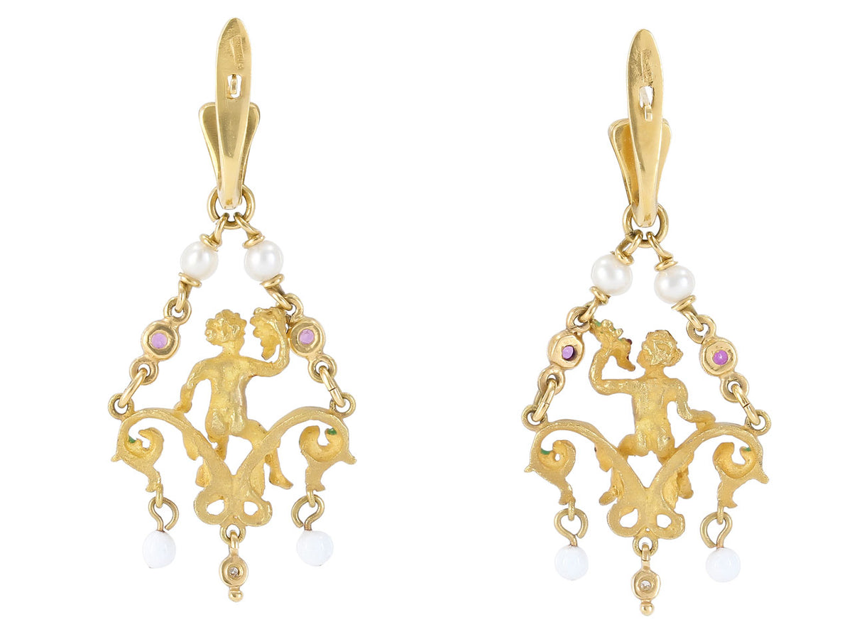 Antique-style gold Bacchus drop earrings with pearls and enamel accents