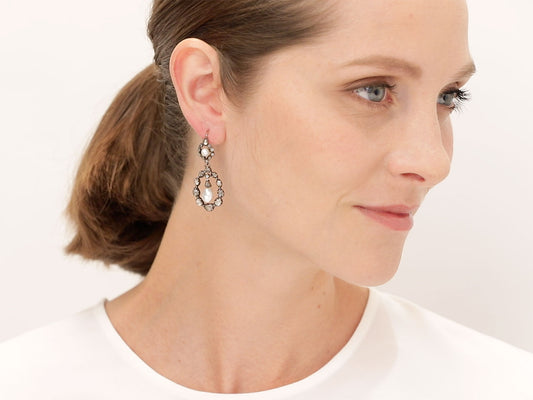 Antique Georgian Diamond and Pearl Earrings in Silver Over 9K Gold