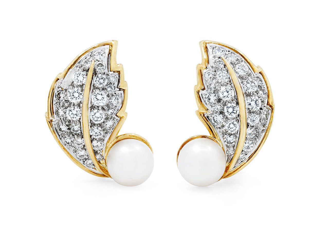 Hammerman Brothers Diamond and Pearl Leaf Earrings in 18K Gold