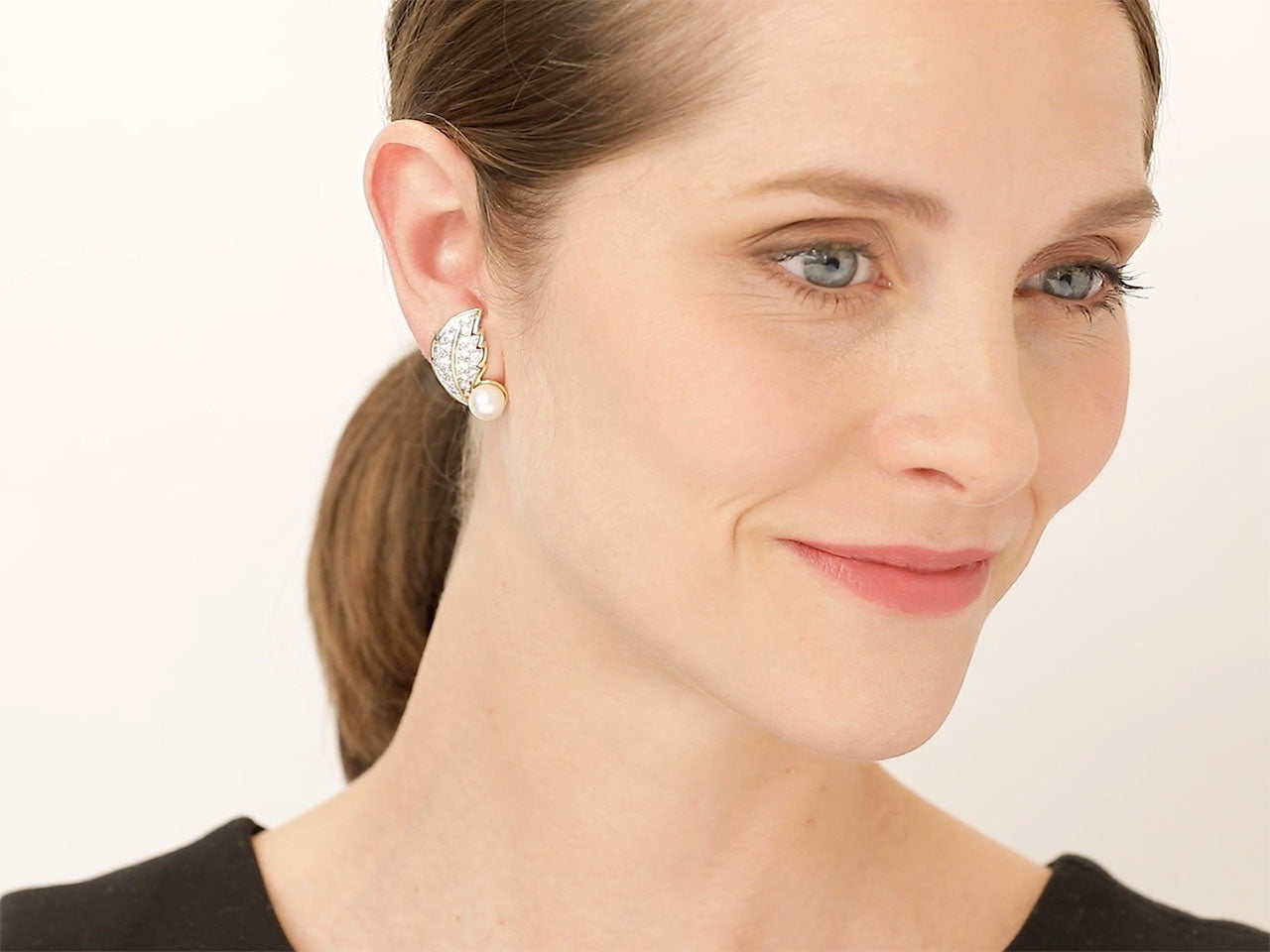 Hammerman Brothers Diamond and Pearl Leaf Earrings in 18K Gold