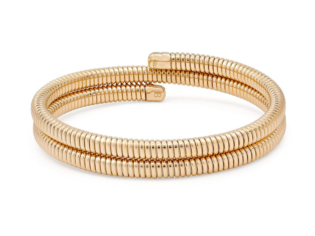 18K gold two row tubogas wrap bracelet with diamond terminals
