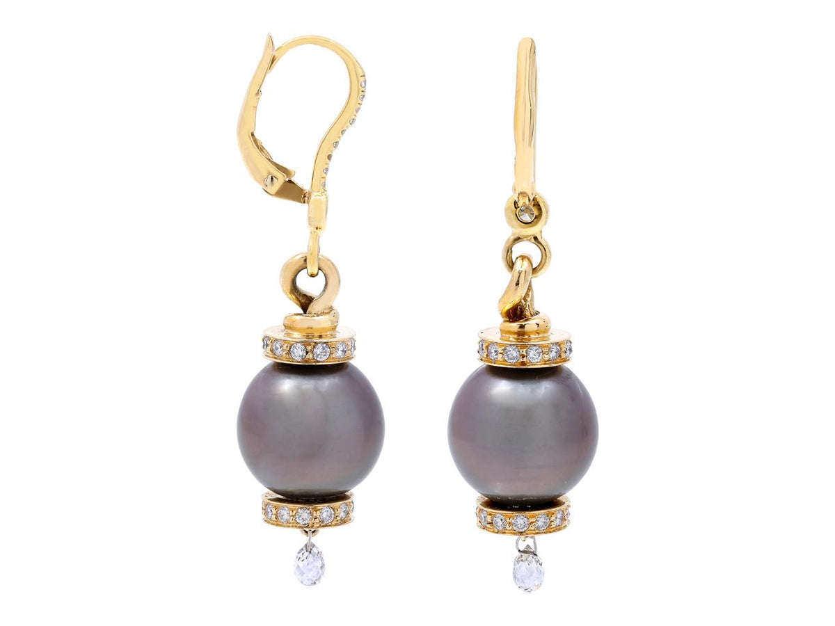 Yellow gold earrings with Tahitian pearls and diamond drops