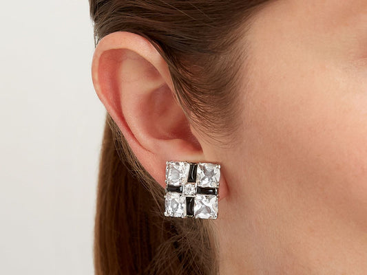 Crystal and onyx quad earclip with diamond center