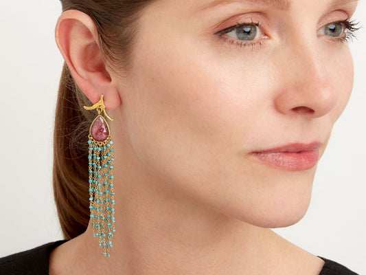 Gold earring with purple tourmaline and turquoise fringe