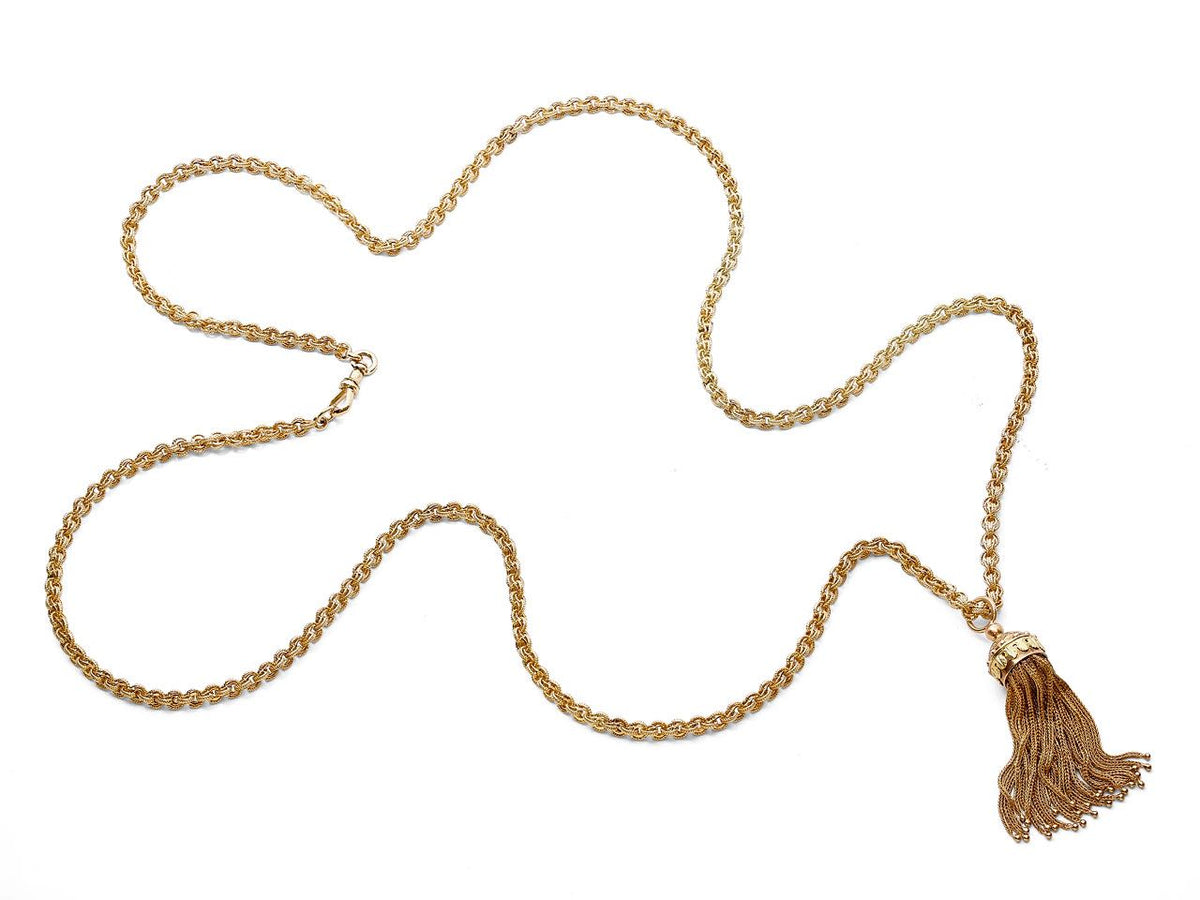 14K gold long chain necklace with ornate tassel pendant