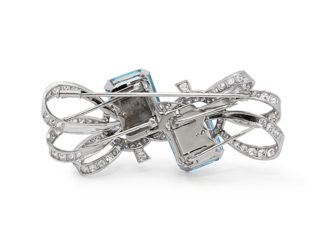Retro Aquamarine Double Clip Brooch in Platinum and 18K White Gold, French