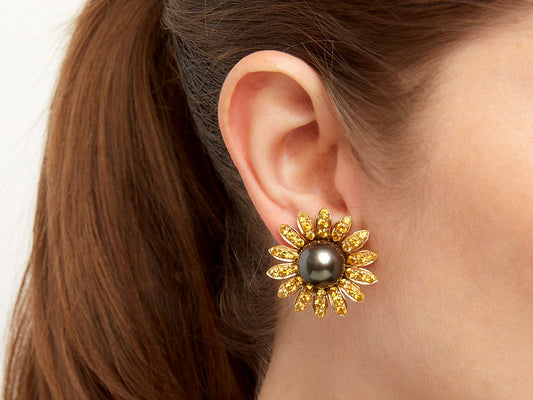 Gold flower earring with Tahitian pearl and yellow sapphire petals