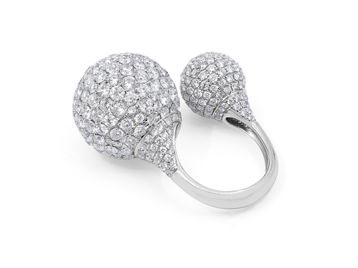 Open 18K white gold ring with two pave diamond balls