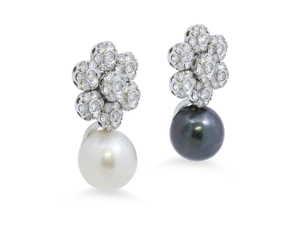 Diamond flower earrings with white and dark pearls
