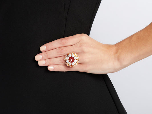 Carnelian mother of pearl diamond ring on hand