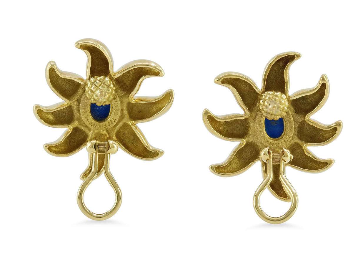 Gold flower earrings with blue lapis lazuli centers