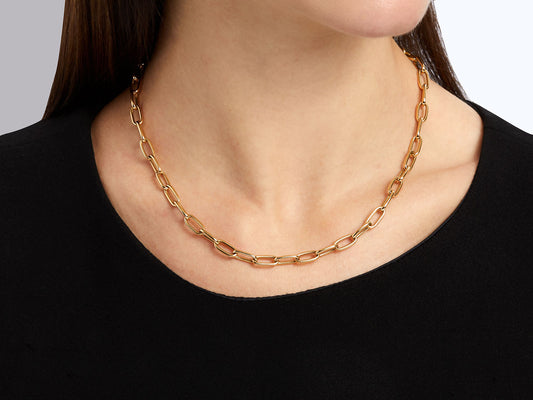 18K gold oval link chain necklace worn by model