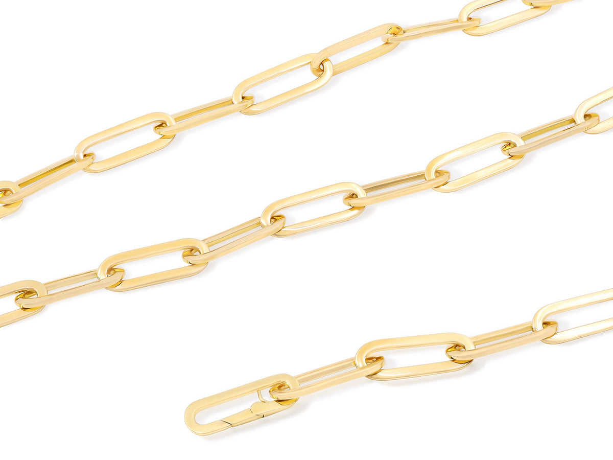Close-up of polished gold elongated link necklace