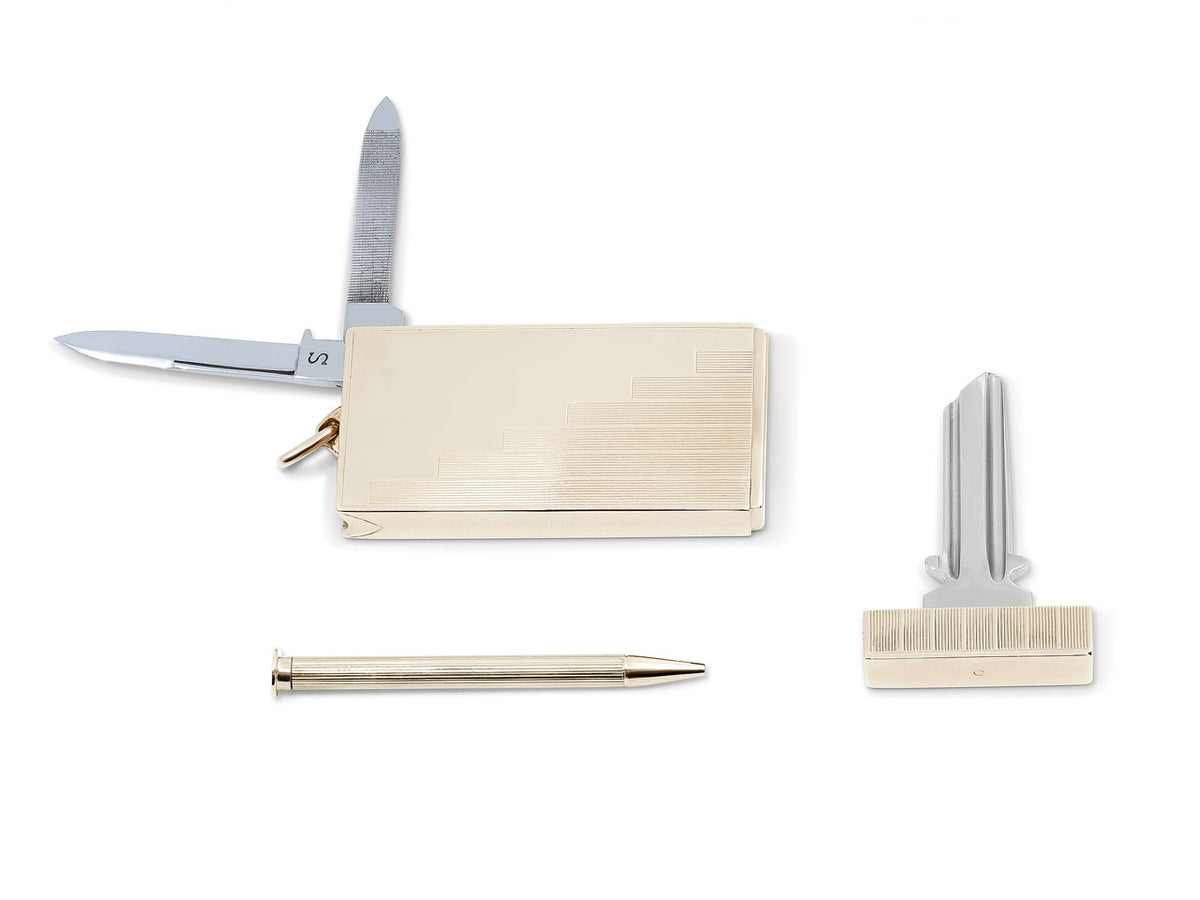 Open 14K gold fob with knife file pencil and key blank