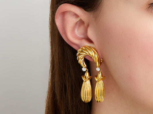 18K gold double drop earring with diamond accents