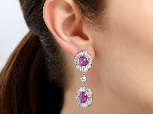 Art Deco platinum drop earring with star ruby and diamonds