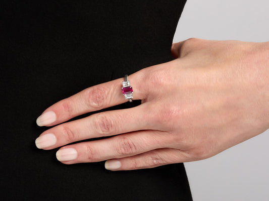 Platinum ring with Burmese ruby and diamond accents