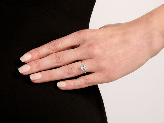 Hand wearing a round brilliant cut diamond ring