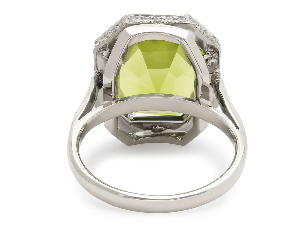 Back view of white gold peridot and diamond ring