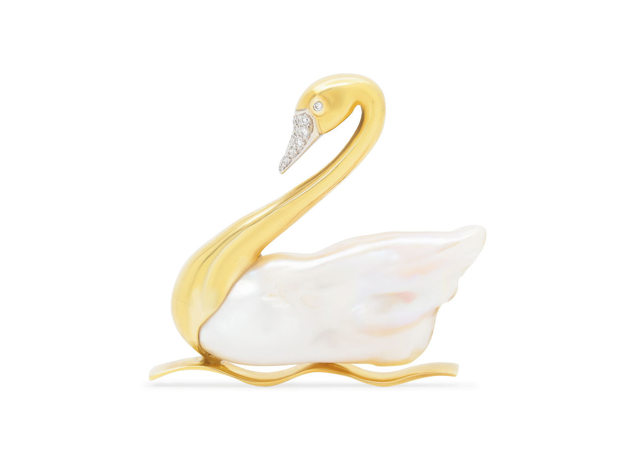 Baroque Pearl and Diamond Swan Brooch in 18K Gold #518025 – Beladora