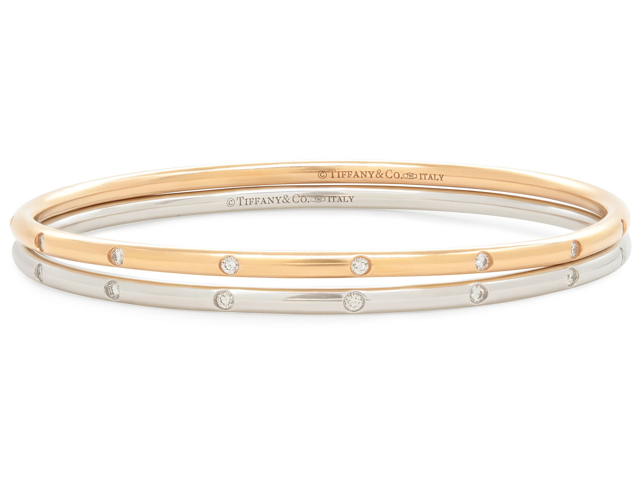 Pair of Tiffany & Co. 'Bezet' Diamond Bracelets in 18K Rose and White Gold