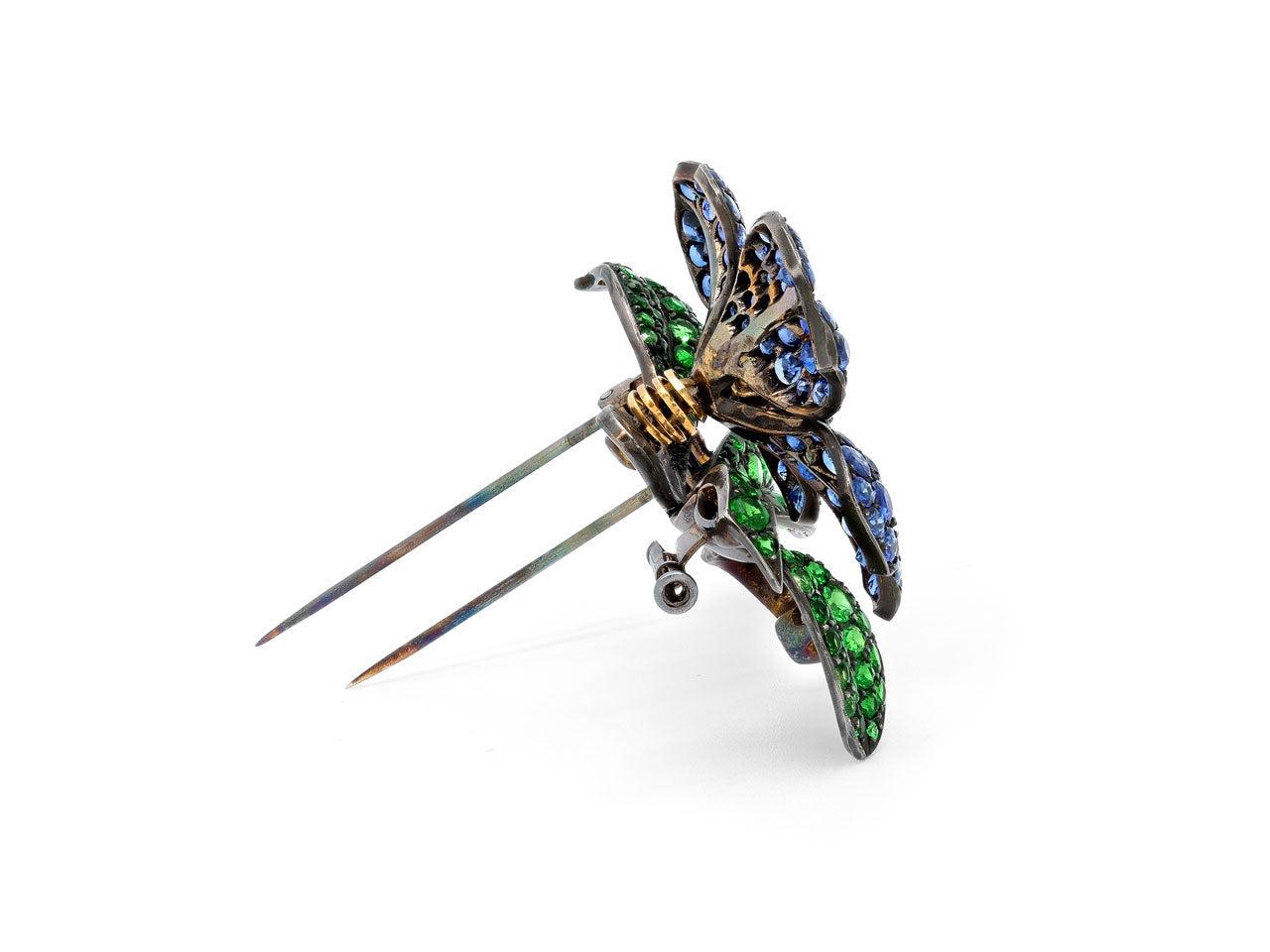 Antique Sapphire, Diamond and Demantoid Garnet En Tremblant Flower Brooch in 18K Blackened Gold