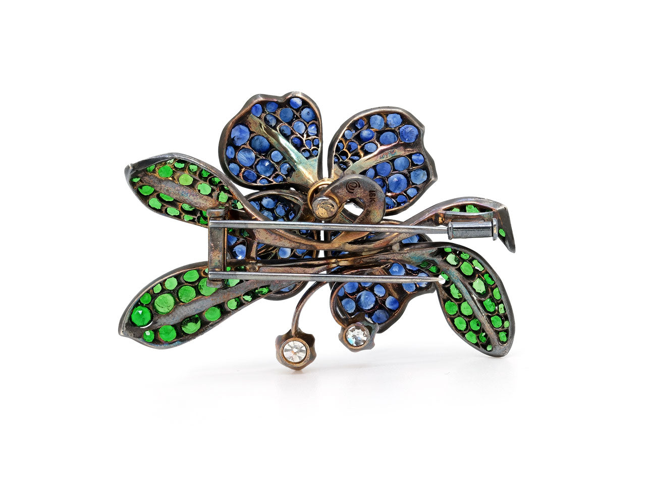Antique Sapphire, Diamond and Demantoid Garnet En Tremblant Flower Brooch in 18K Blackened Gold