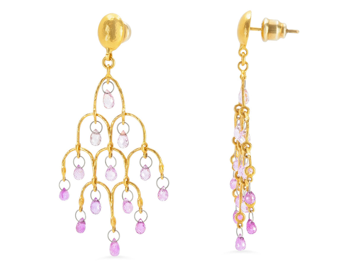 Gold chandelier earrings with graduated pink sapphires