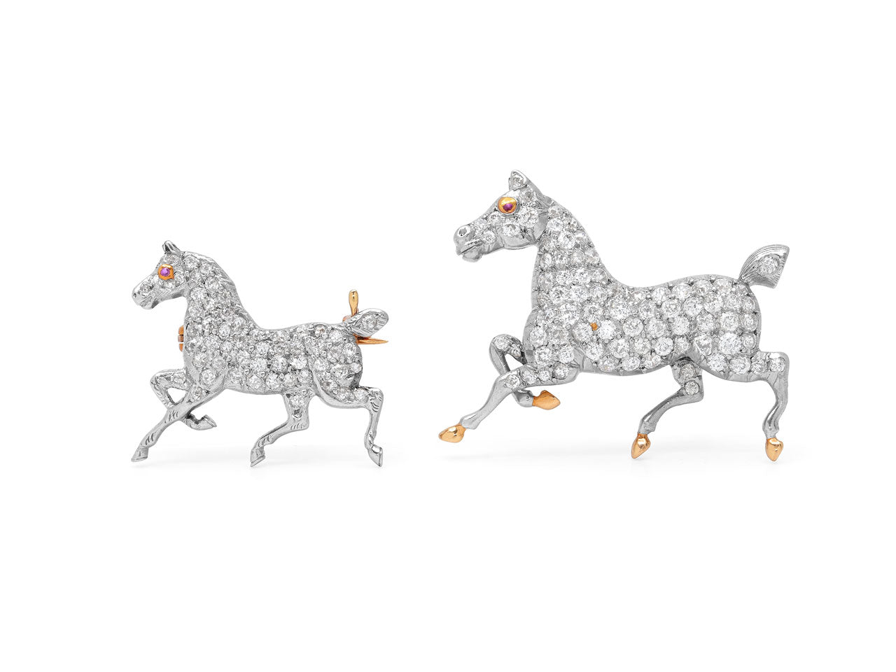 Pair of Antique Edwardian Diamond and Ruby Horse Pins in Platinum and Gold