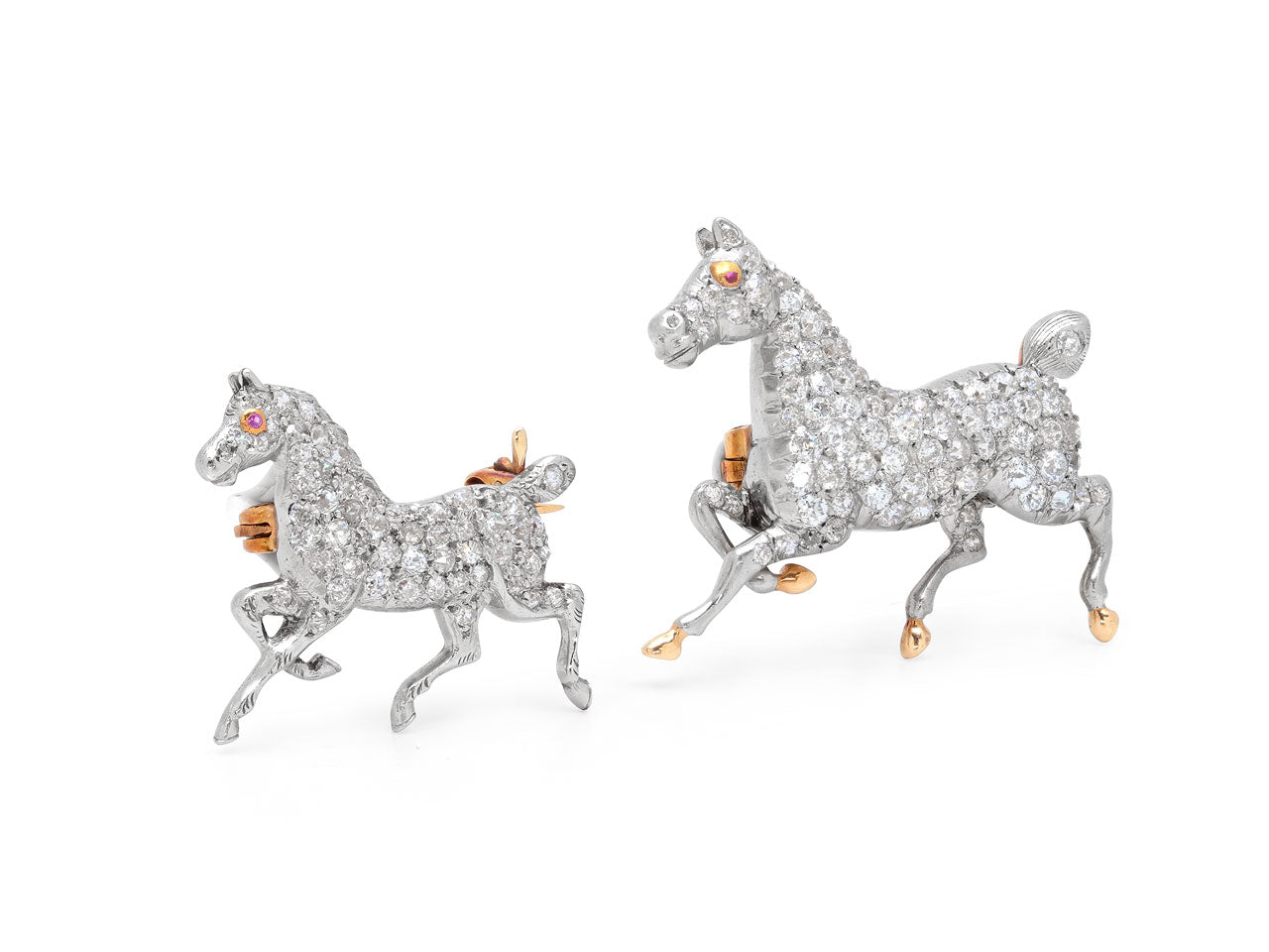 Pair of Antique Edwardian Diamond and Ruby Horse Pins in Platinum and Gold