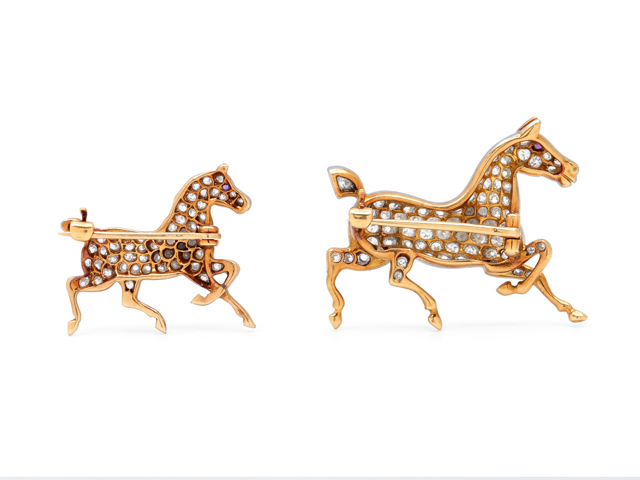 Pair of Antique Edwardian Diamond and Ruby Horse Pins in Platinum and Gold
