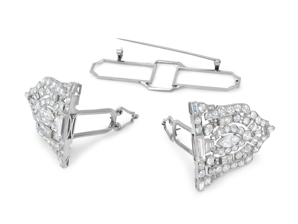Art Deco platinum diamond double clip brooch
