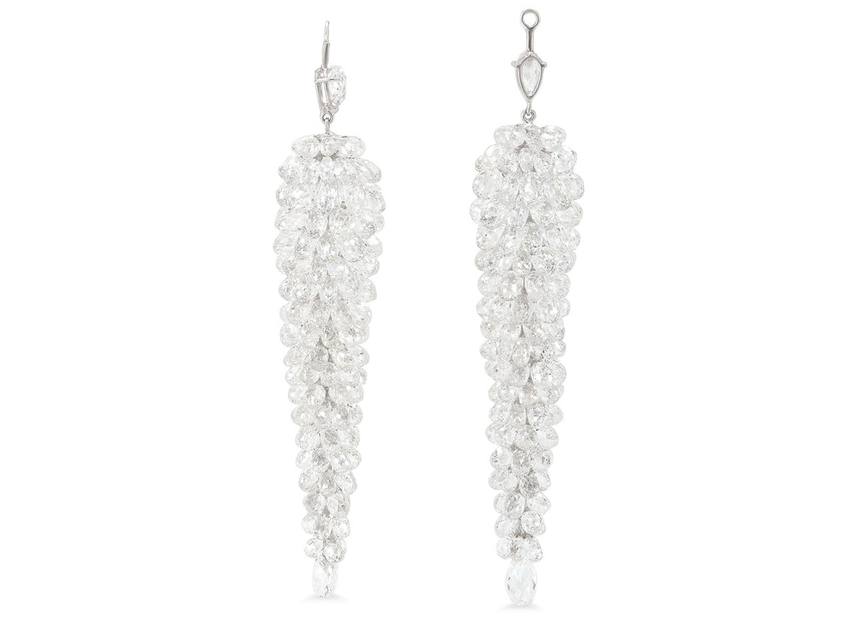Briolette Diamond Earring Drops in 18K White Gold by Beladora, pair of elongated conical diamond drop earrings with clustered briolette stones