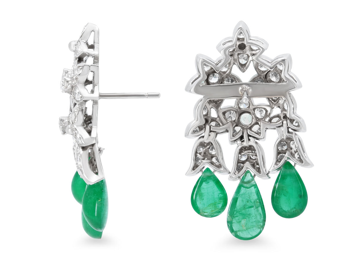 Diamond flower earrings with three emerald drops