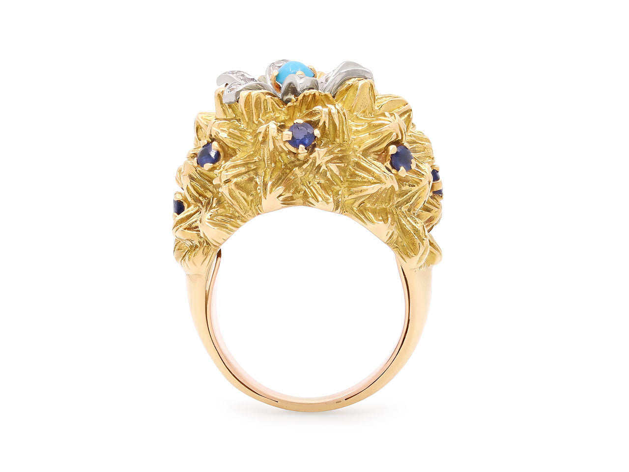Mid-Century French Turquoise, Diamond and Sapphire Ring in 18K Gold
