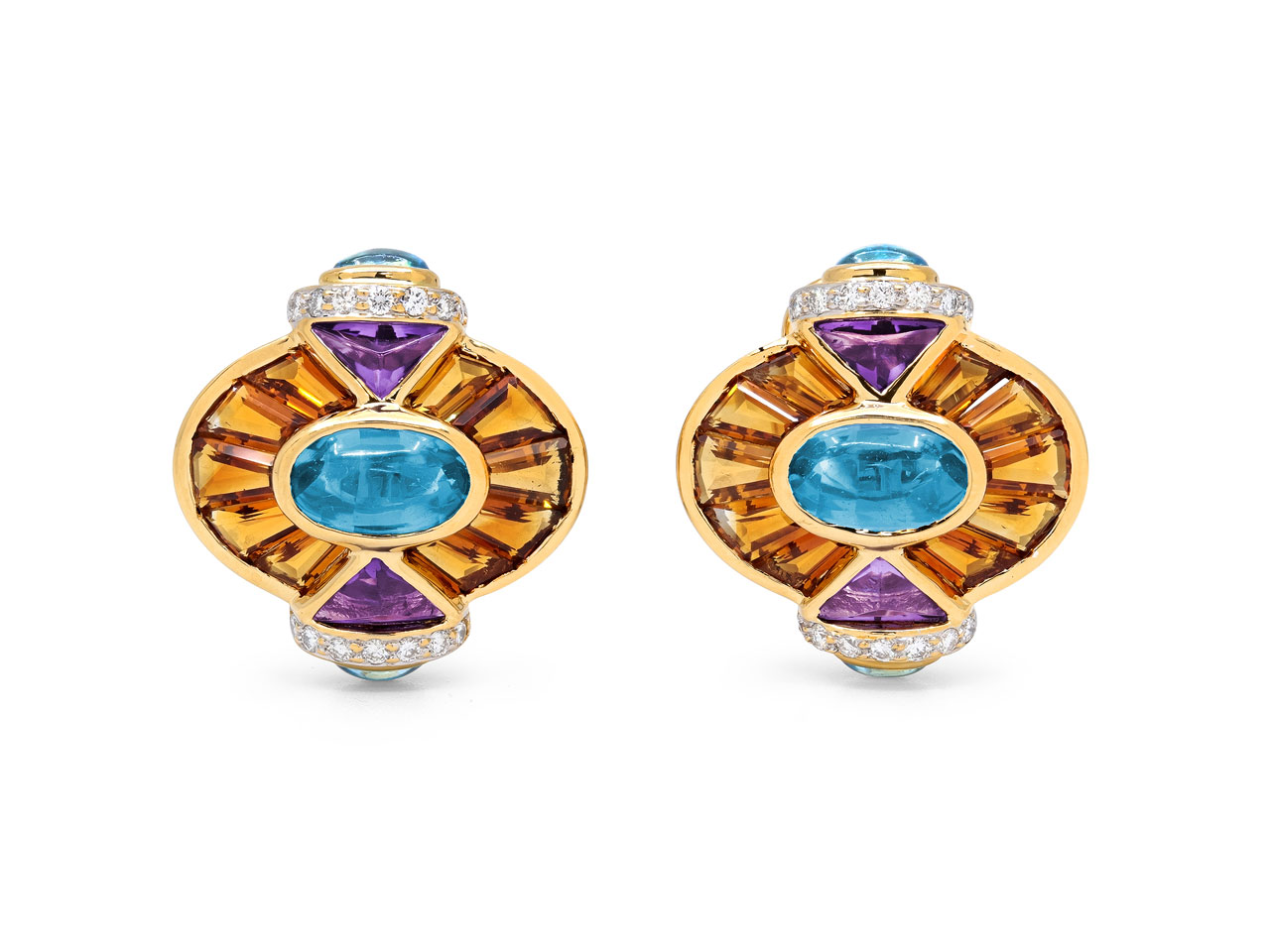 Blue Topaz, Amethyst and Citrine Earrings in 18K Gold