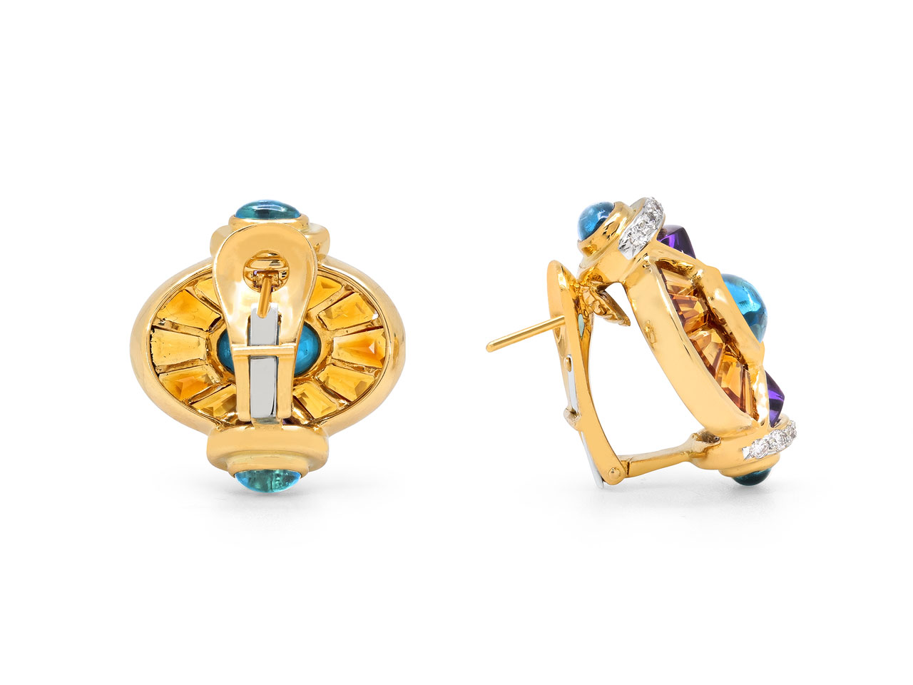 Blue Topaz, Amethyst and Citrine Earrings in 18K Gold