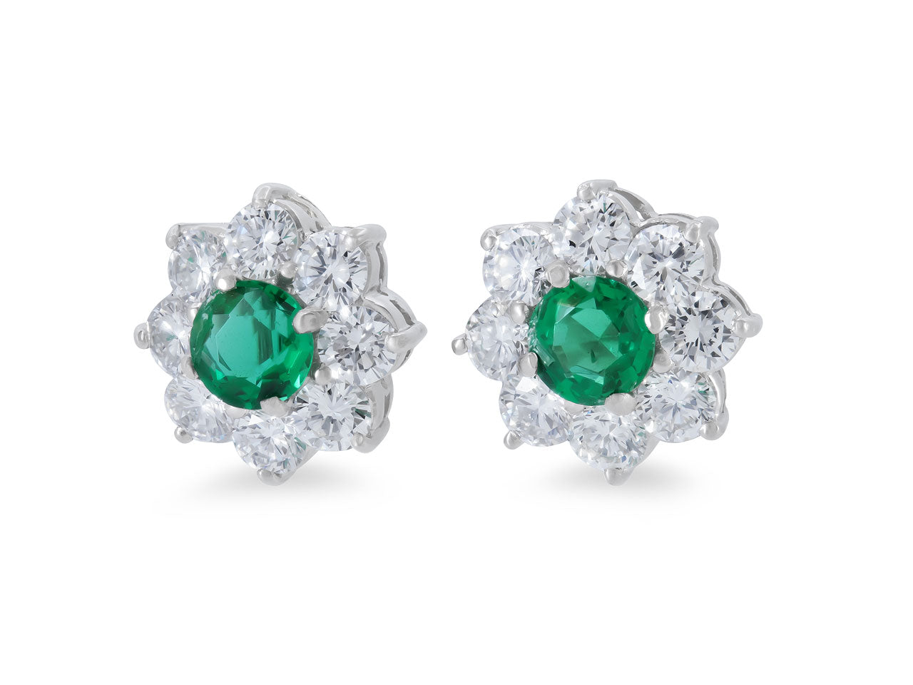 Emerald and Diamond Cluster Earrings in Platinum