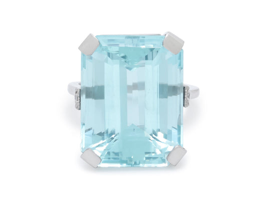 Vintage Aquamarine, 22.00 Carat, and Diamond Ring in Platinum