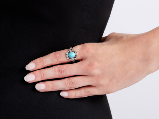 Antique Edwardian Turquoise and Diamond Ring in Platinum and 18K Gold