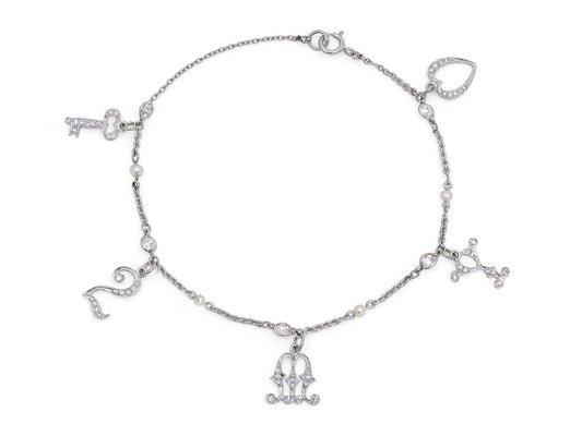 Art Deco 'Key to My Heart' Charm Bracelet, in Platinum