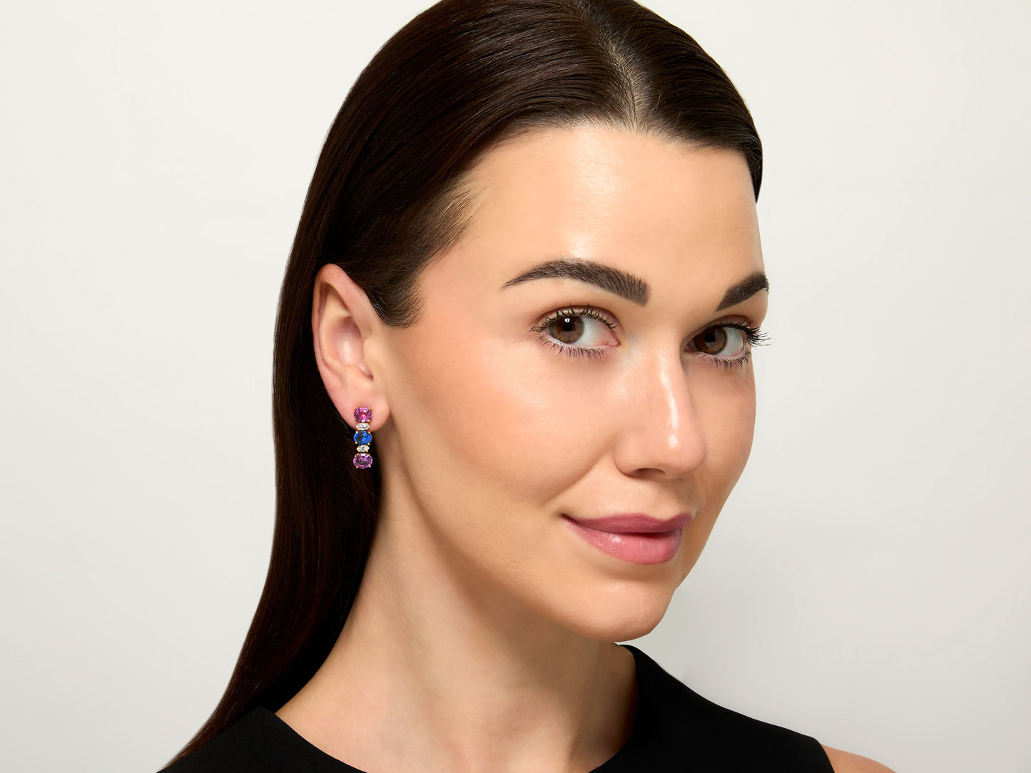 Beladora 'Reimagined' Pink and Blue Oval Sapphire Line Earrings in 18K Gold