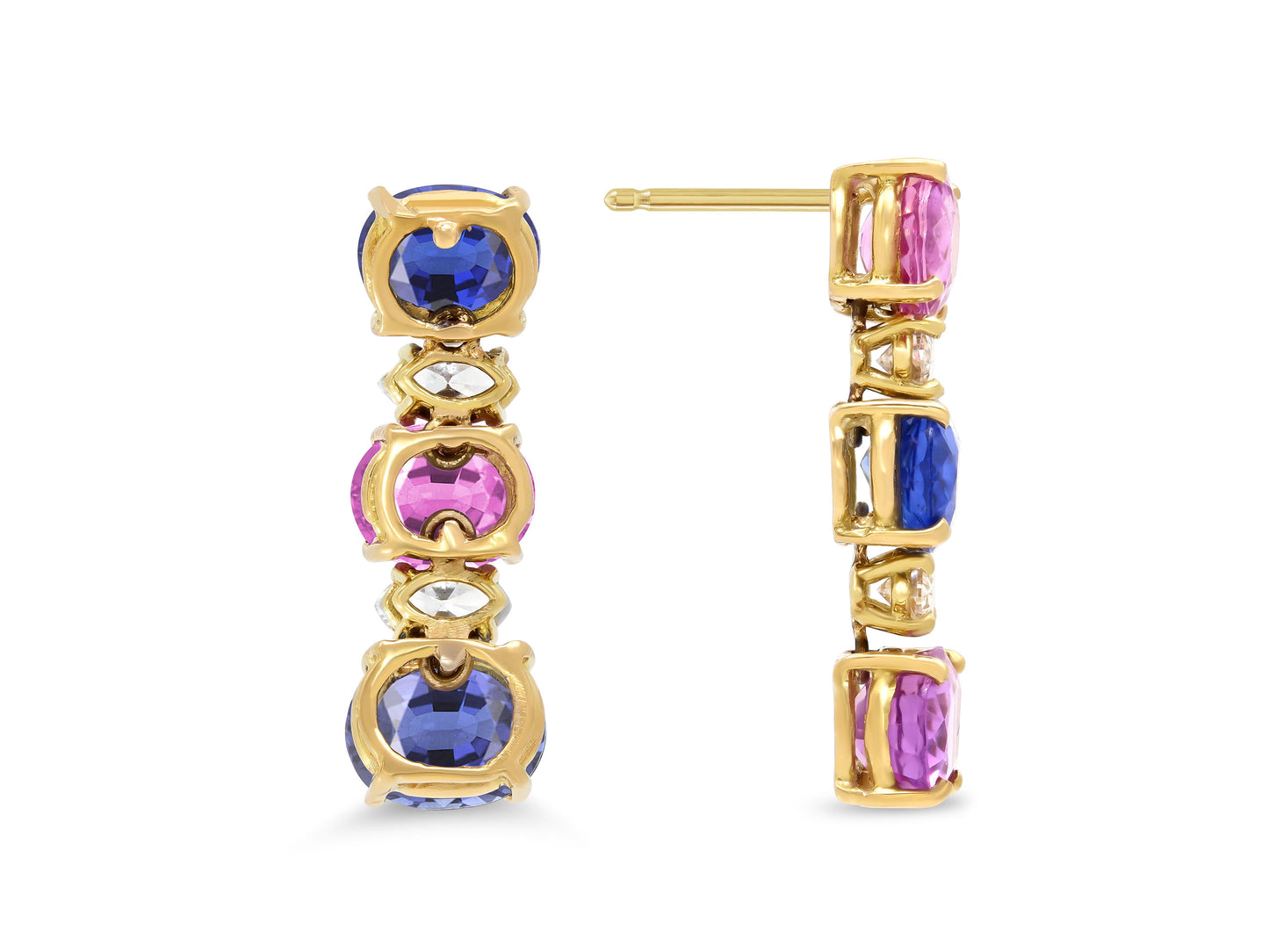 Beladora 'Reimagined' Pink and Blue Oval Sapphire Line Earrings in 18K Gold