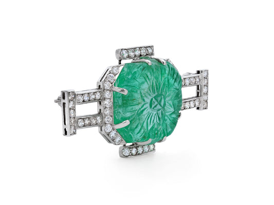 Art Deco Carved Emerald and Diamond Brooch in Platinum