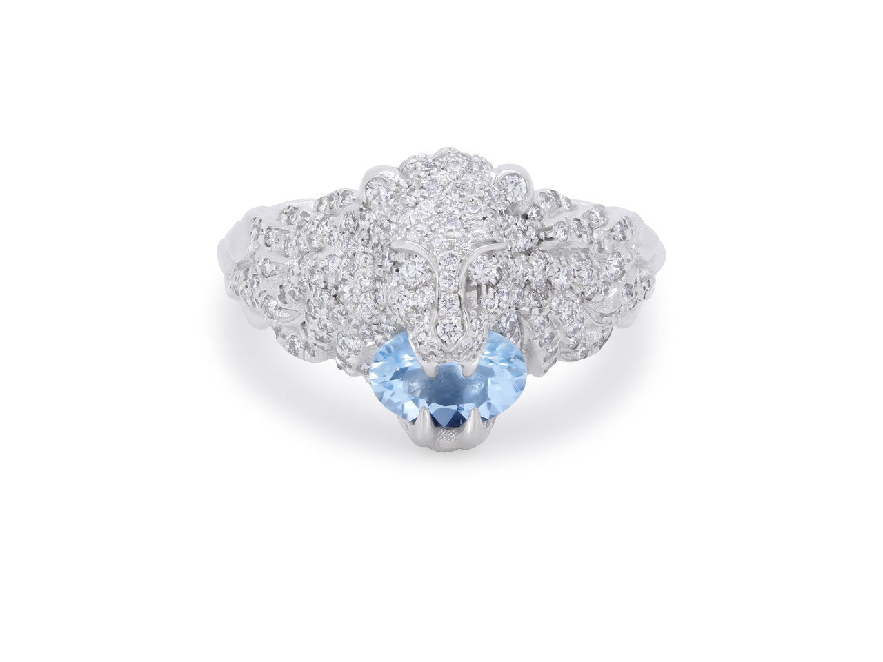 Gucci Diamond and Aquamarine 'Lion Head' Ring in 18K White Gold