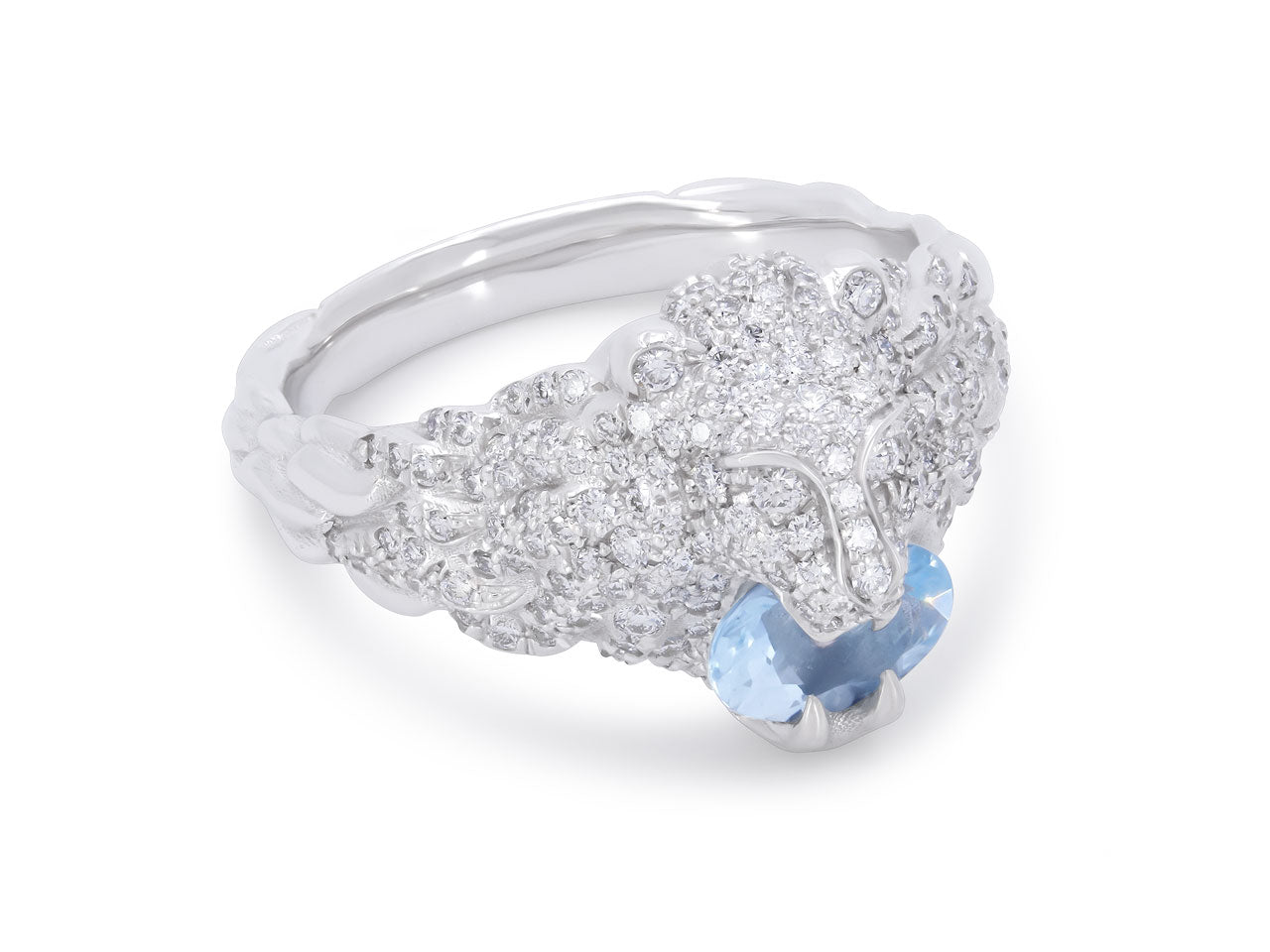 Gucci Diamond and Aquamarine 'Lion Head' Ring in 18K White Gold
