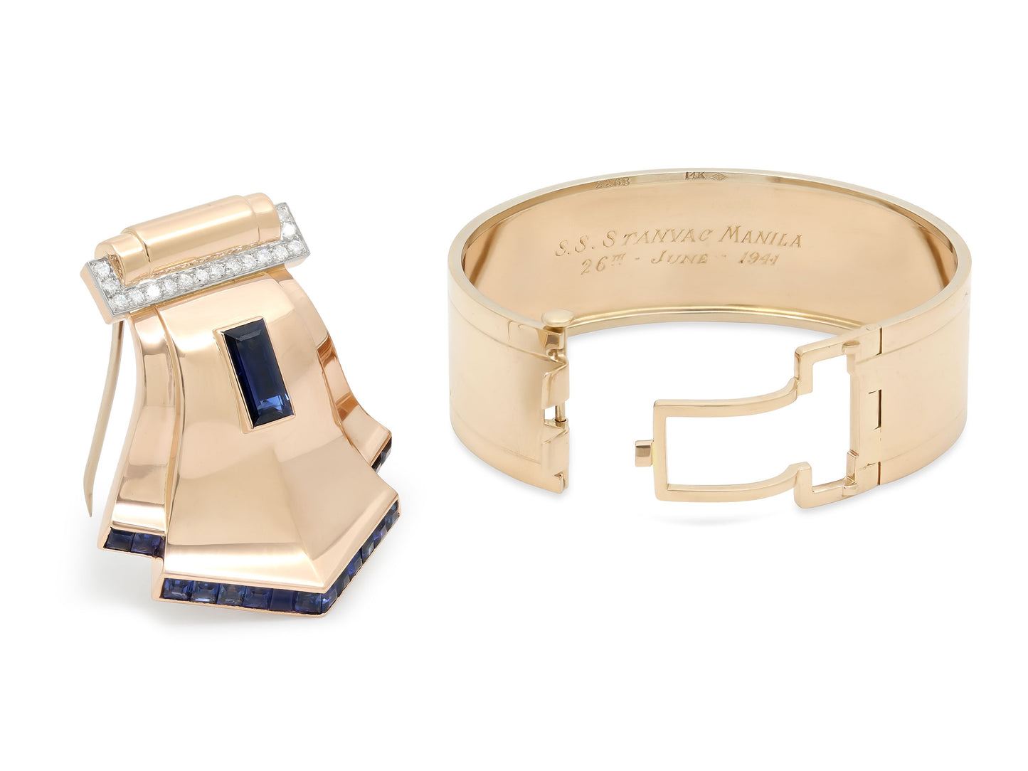 Retro Sapphire and Diamond Bangle and Brooch in 14K Rose Gold